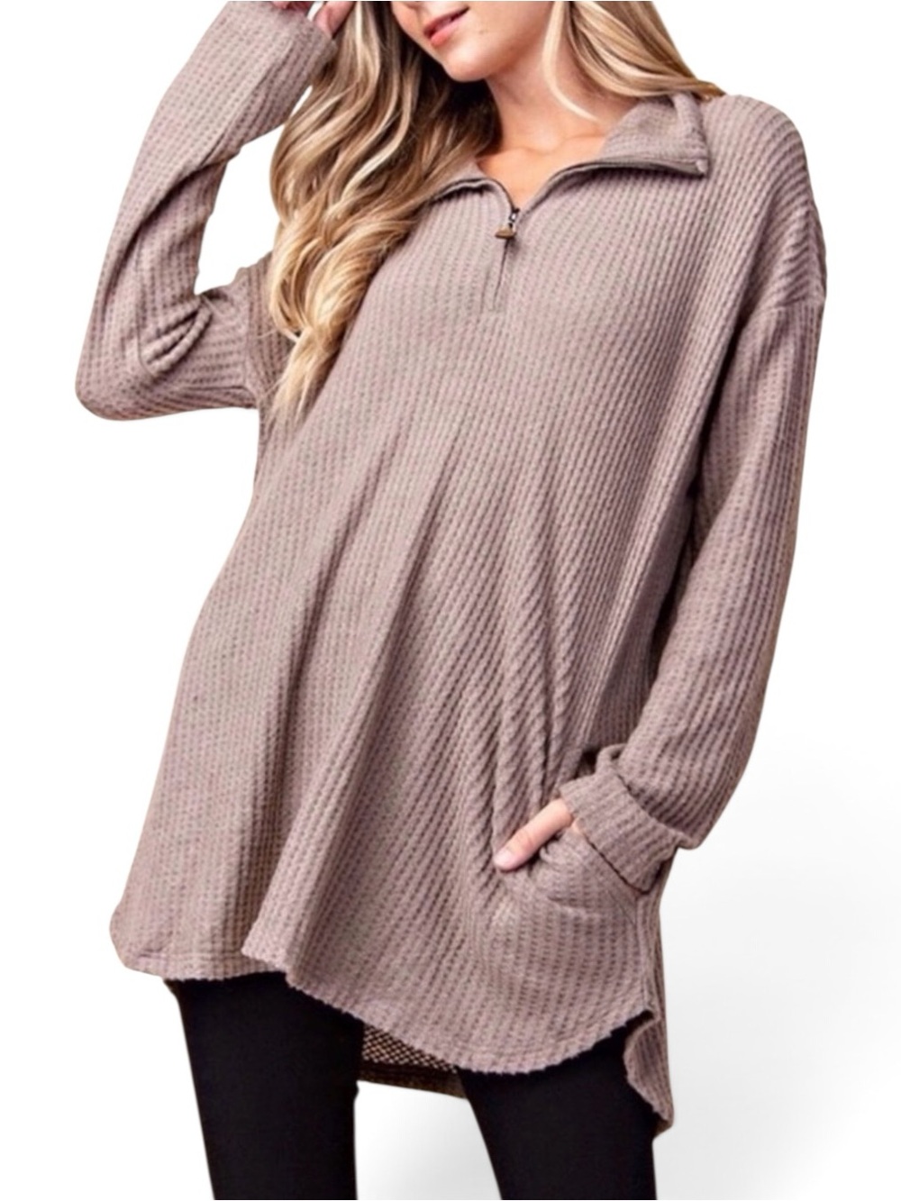 NEW Kori 3/4 Zip Pullover Textured Brushed Knit Top Taupe Mocha Womens Small NWT